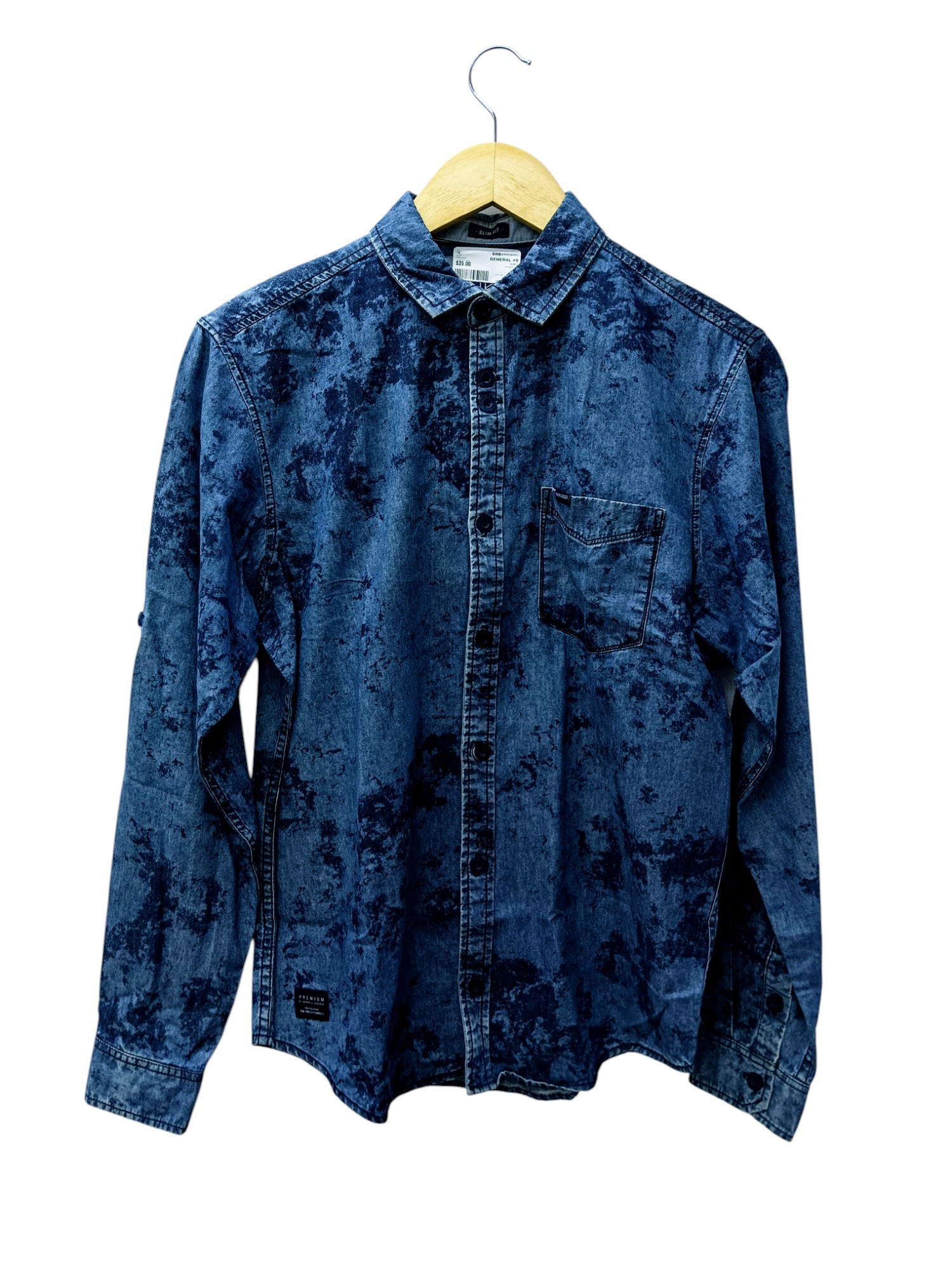 CAMISA MANGA LARGA TALLA S - HUM11 - CUELLO FRANCES / DISEÑOS - JEANS AZUL MEDIO OSCURO - MANCHAS