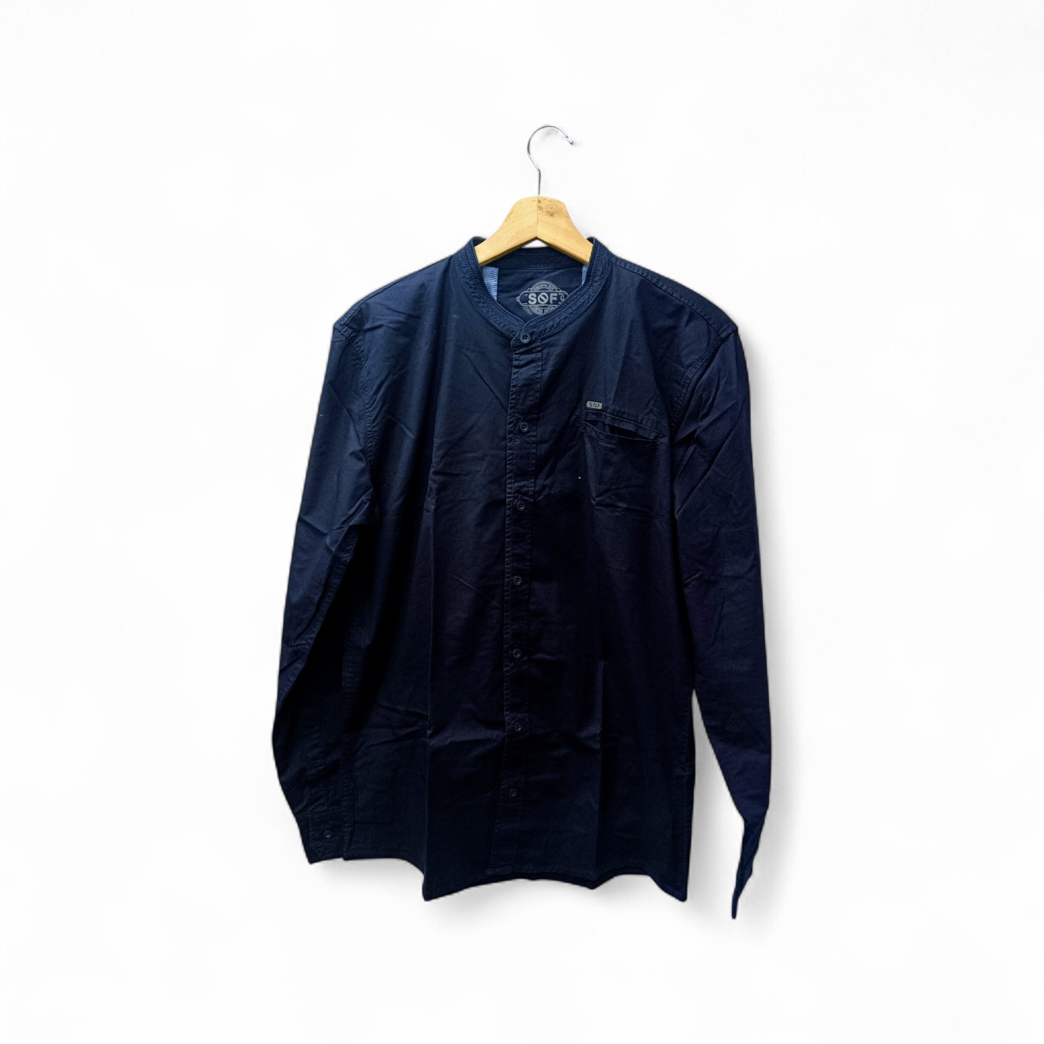 CAMISA MANGA LARGA TALLA S - SF36 - CUELLO CHINO/MAO - AZUL MARINO /BOLSILLO PERDIDO / LETRAS 3D