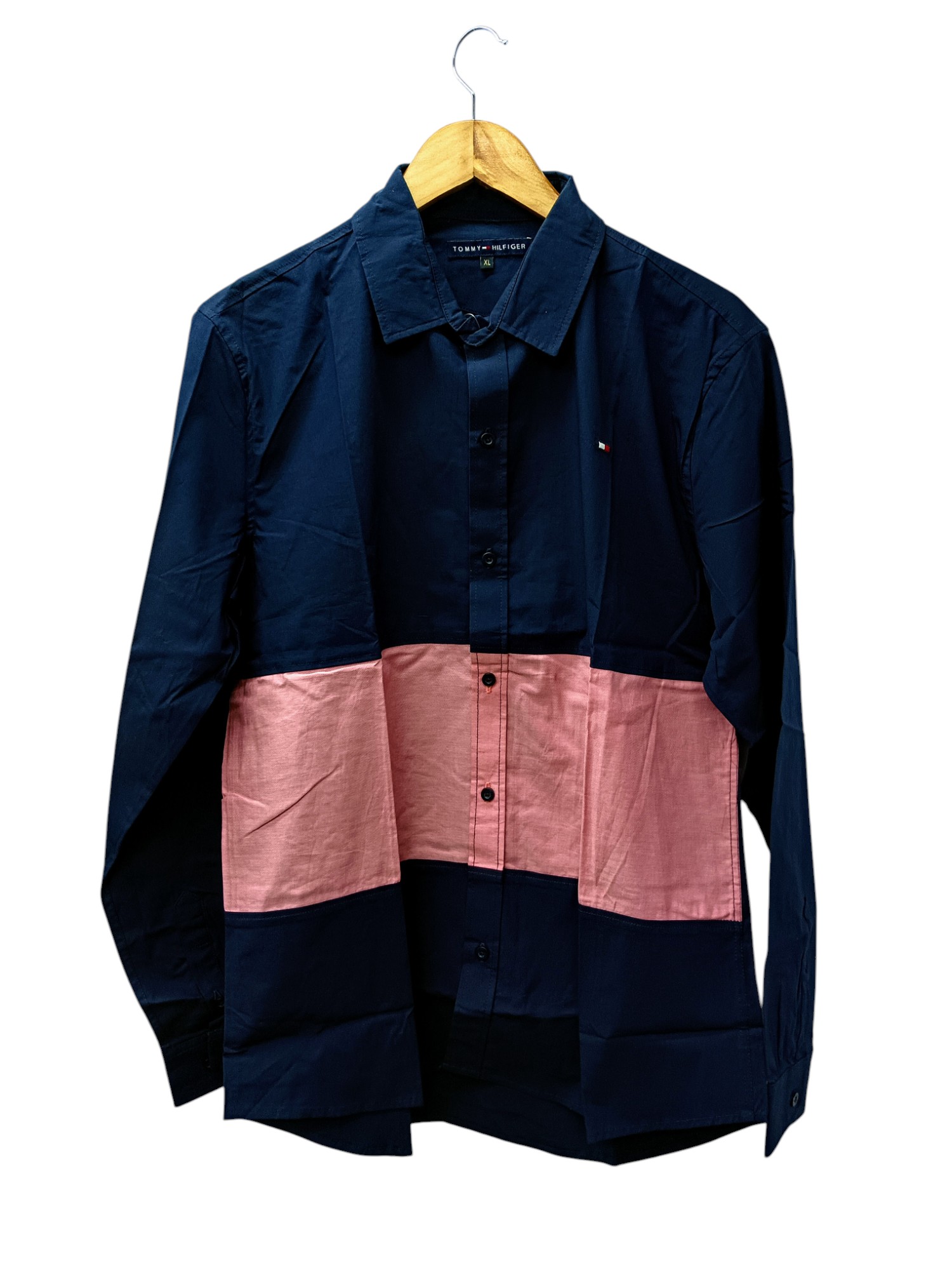 CAMISA MANGA LARGA TALLA S - TH - CUELLO FRANCES - AZUL MARINO/FRANJA ROSADA