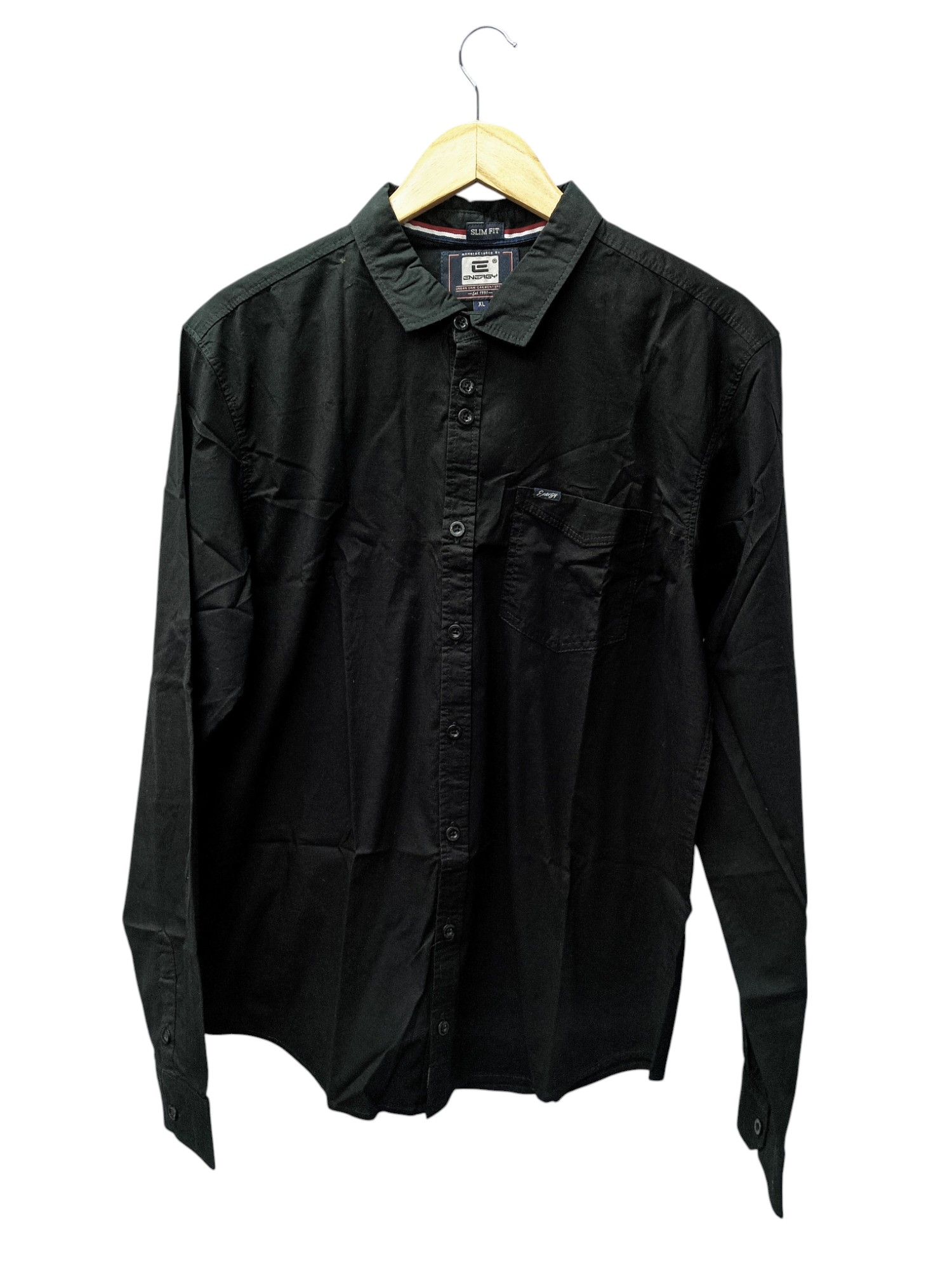 CAMISA MANGA LARGA TALLA XL - ENERGY - CUELLLO FRANCES -  NEGRA ENTERA/BOLSILLO