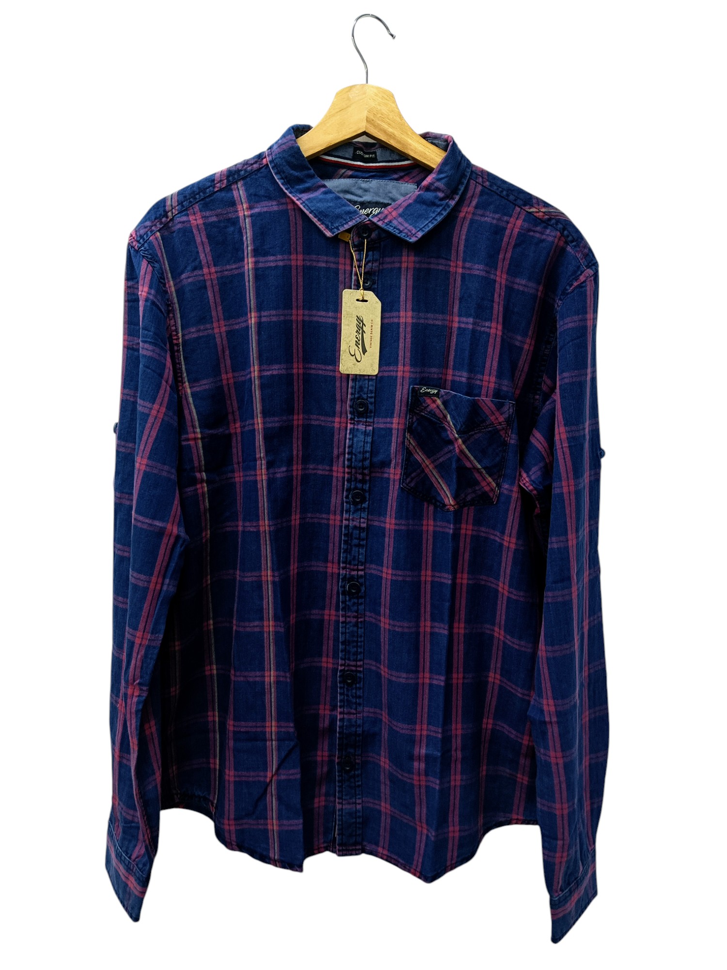 CAMISA MANGA LARGA TALLA XL - ENERGY - CUELLLO FRANCES - INDIGO/AZUL/RAYAS ROJA Y BEIGE