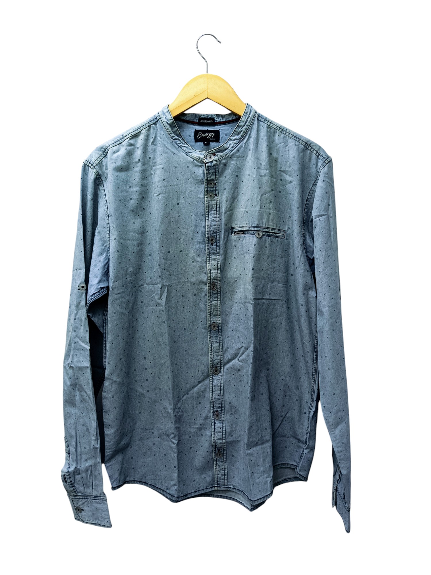 CAMISA MANGA LARGA TALLA XL - ENERGY - CUELLLO MAO / CHINO - JEANS CLARO HIELO /PUNTOS AZULES