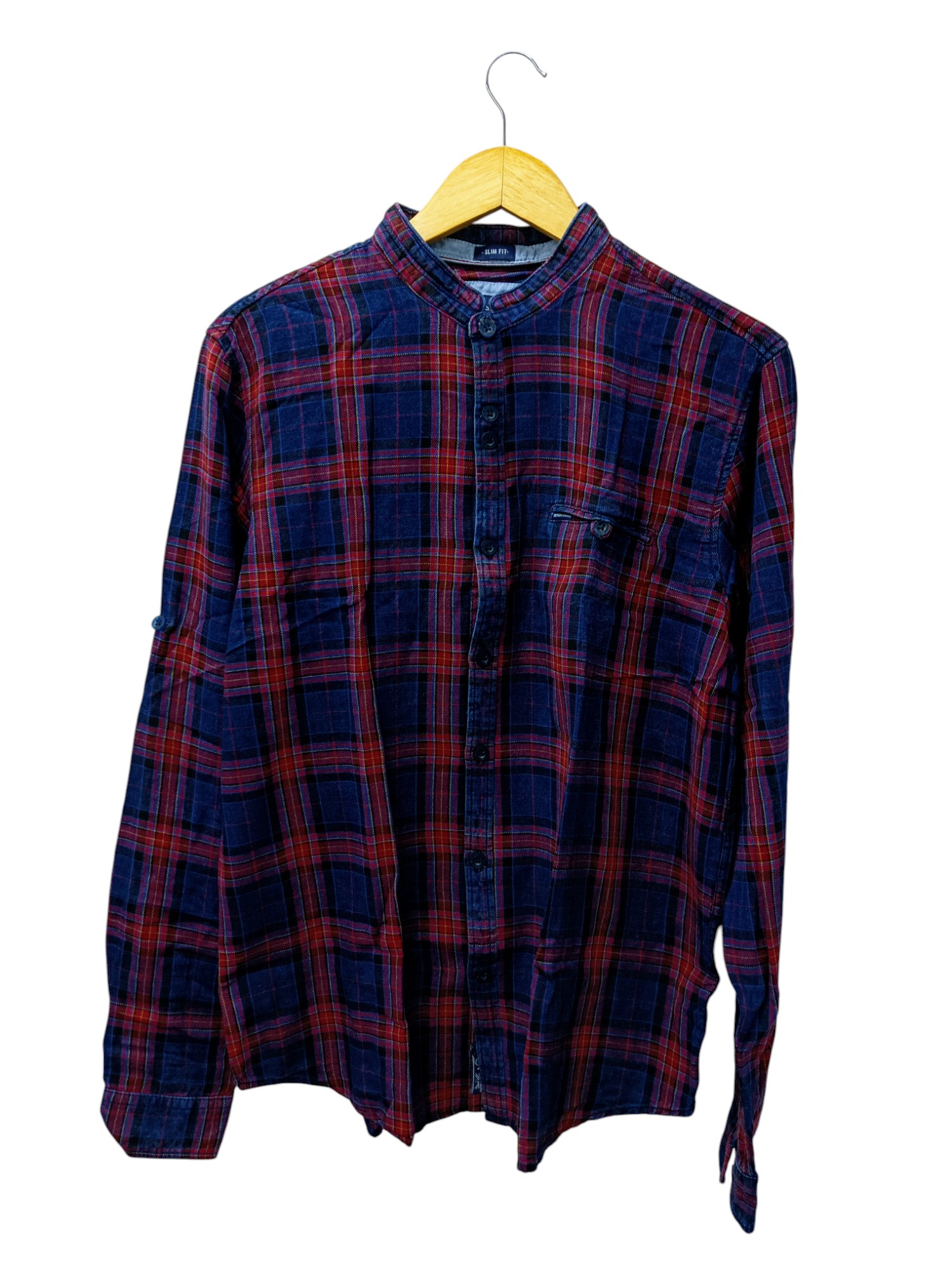 CAMISA MANGA LARGA TALLA XL - HUM11 - CUELLO CHINO-MAO/INDIGO PRELAVADO - AZUL/ROJO/TEXTURA SUAVE