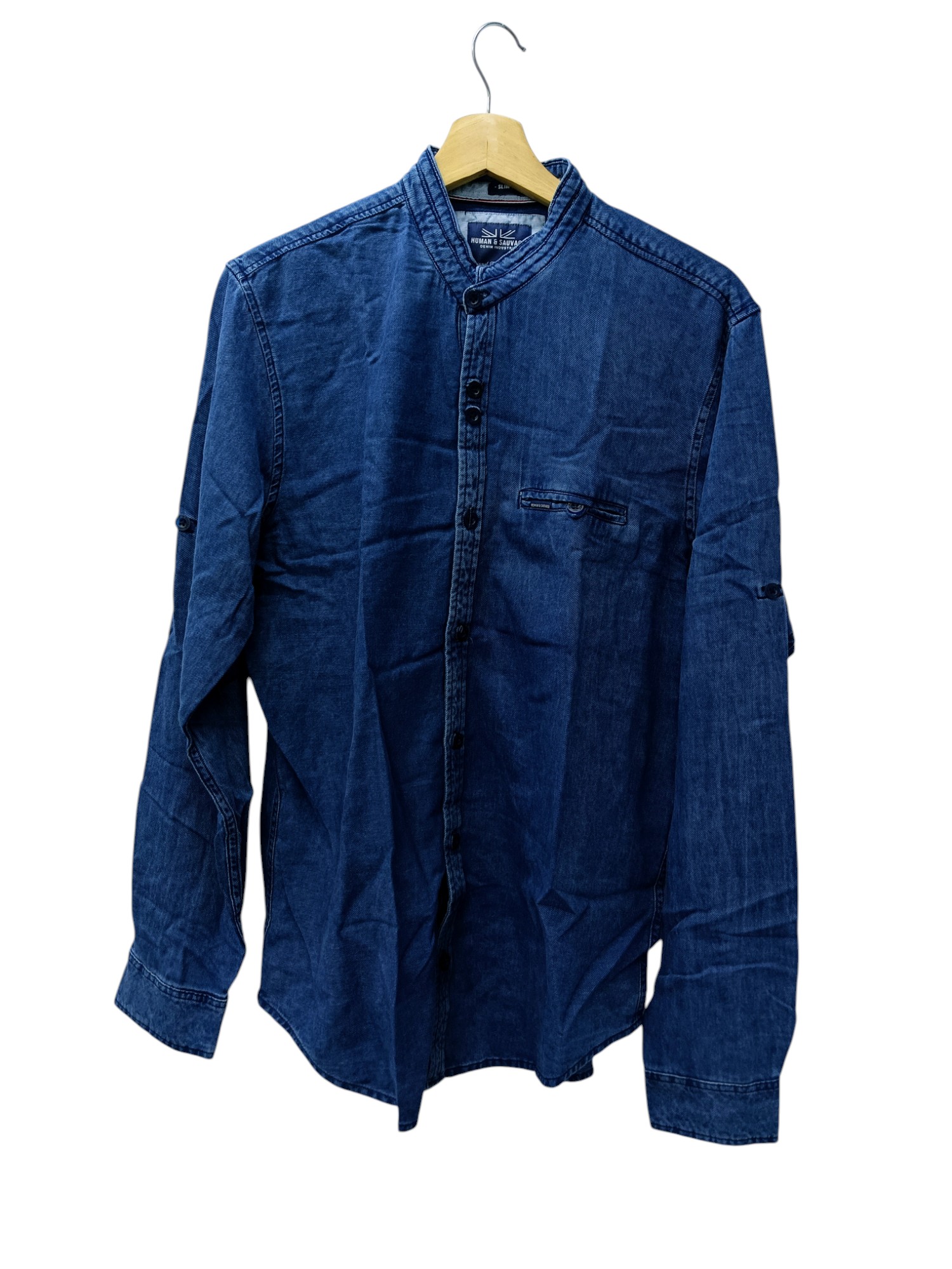 CAMISA MANGA LARGA TALLA XL - HUM11 - CUELLO CHINO-MAO / TEXTURA SUAVE - JEANS AZUL MEDIO OSCURO