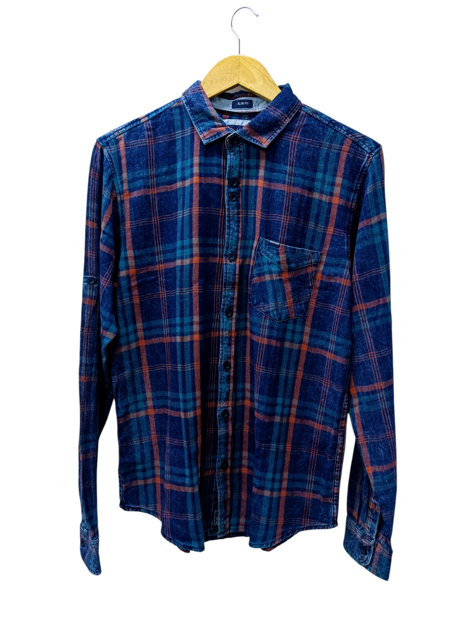 CAMISA MANGA LARGA TALLA XL - HUM11 - CUELLO FRANCES/INDIGO PRELAVADO - VERDE/AZUL/NARANJA/TEXTURA SUAVE