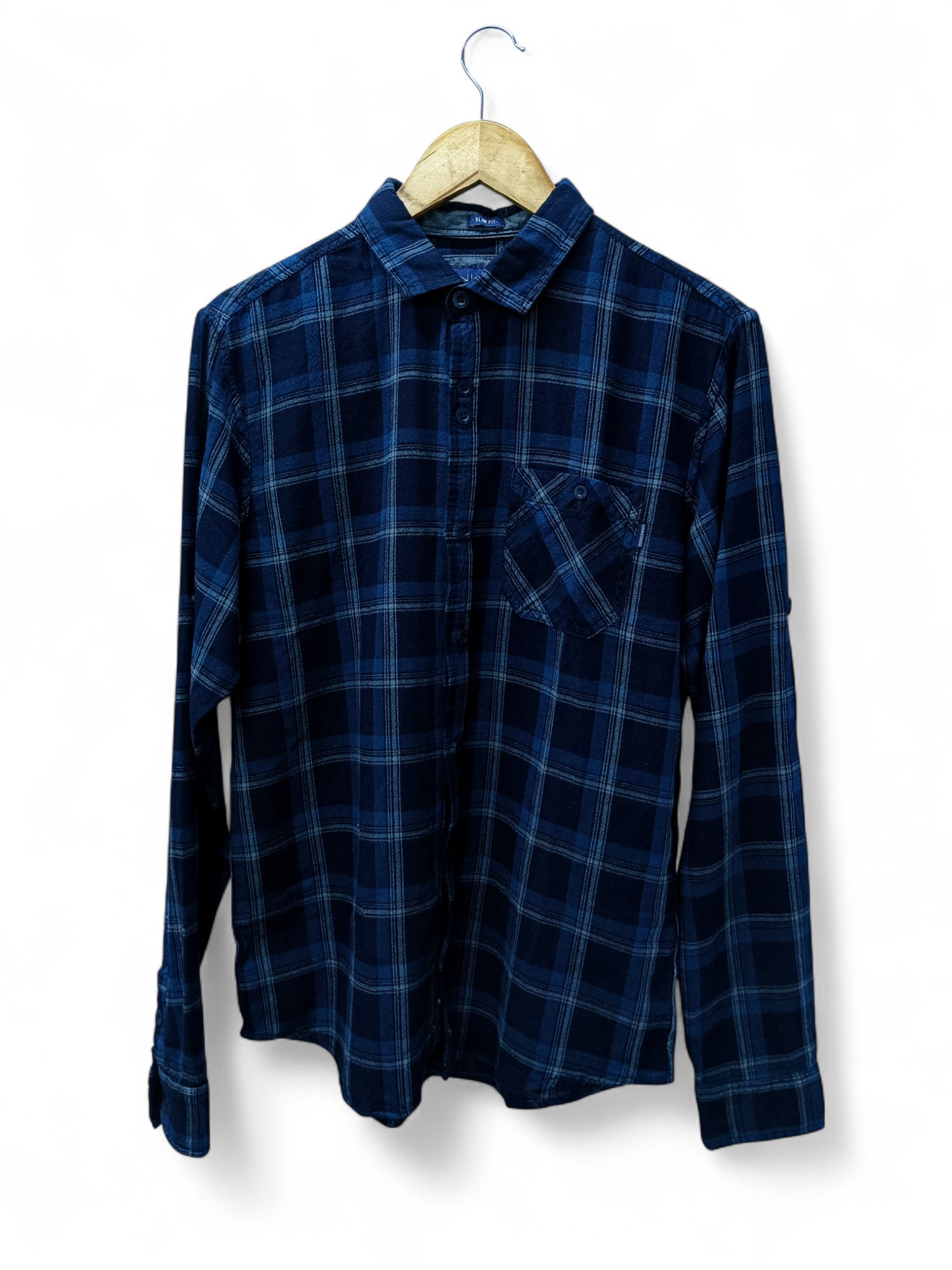 CAMISA MANGA LARGA TALLA XL - HUM11 - CUELLO FRANCES -LINO CUADROS - AZUL MARINO /CELESTE