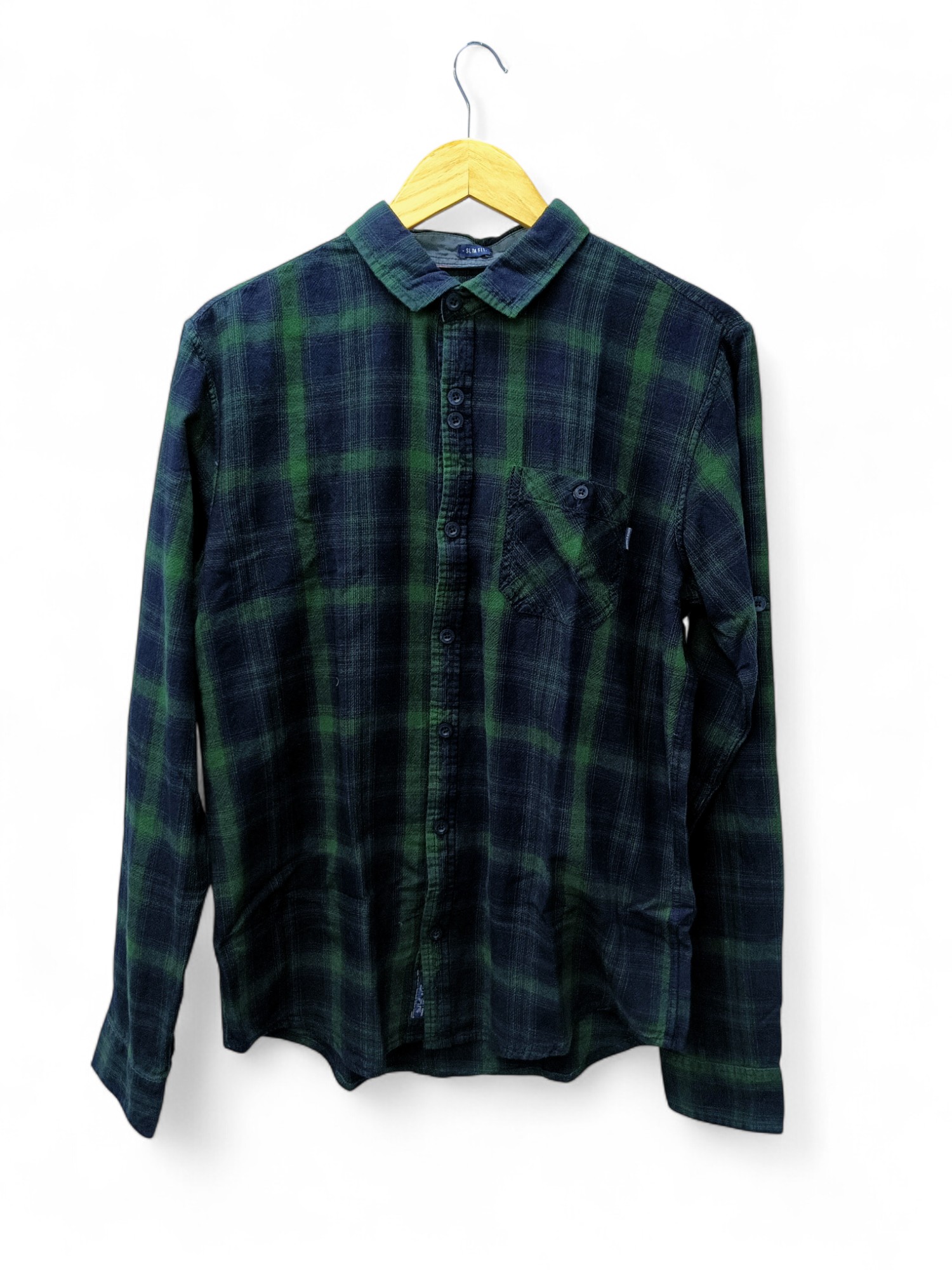 CAMISA MANGA LARGA TALLA XL - HUM11 - CUELLO FRANCES -LINO CUADROS - AZUL MARINO /VERDE