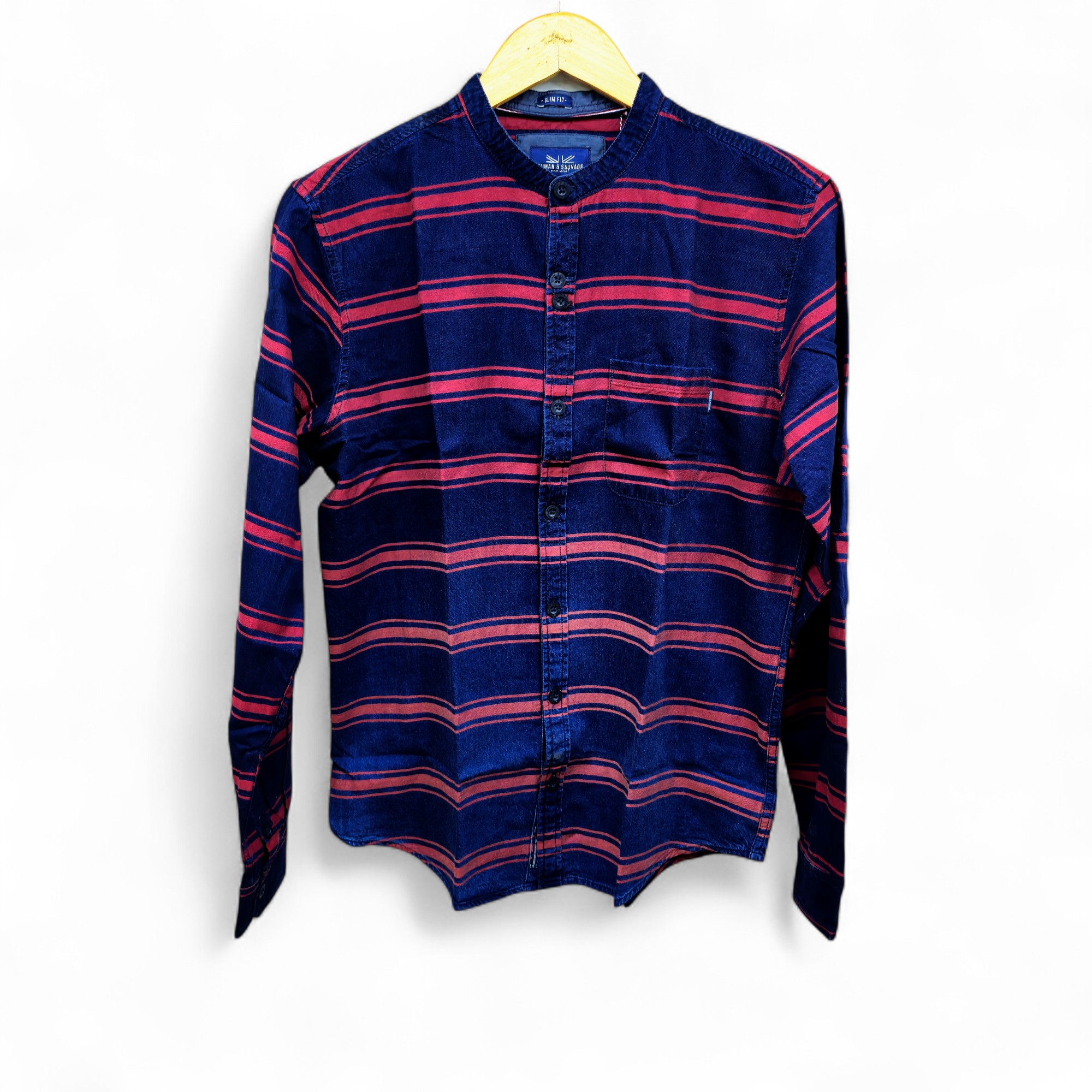 CAMISA MANGA LARGA TALLA XL - RF - COD11 - CRETA - CUELLO CHINO / MAO BASIC  STYLE - ROJO/JEANS (RAYAS)