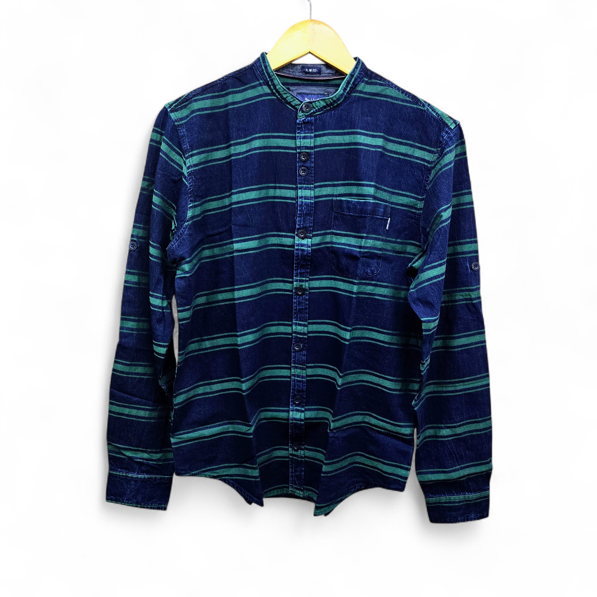 CAMISA MANGA LARGA TALLA XL - RF - COD11 - CRETA - CUELLO CHINO / MAO BASIC  STYLE - VERDE/JEANS (RAYAS)