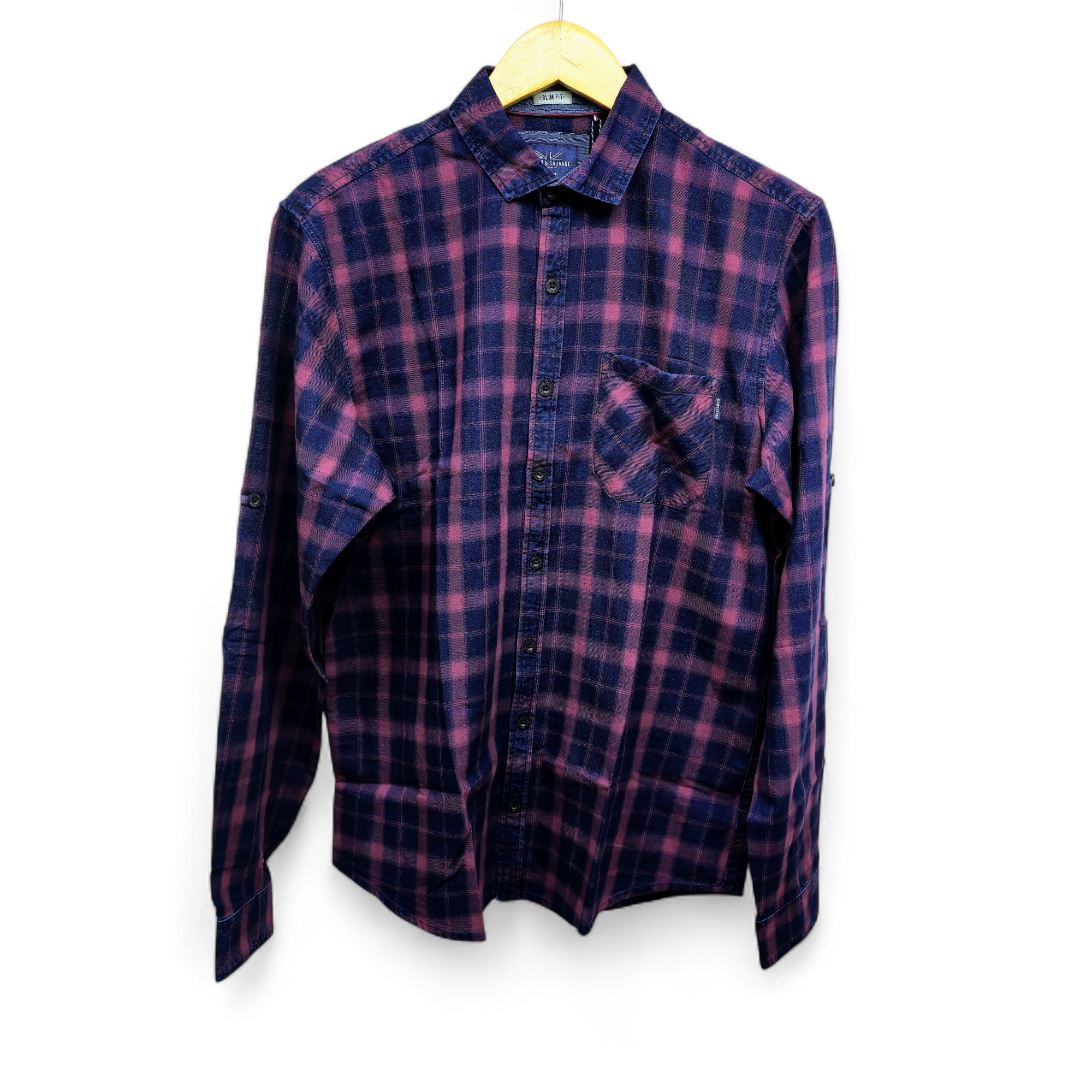 CAMISA MANGA LARGA TALLA XL - RF - COD11 - TEJAS 102 (CUADROS) - CUELLO FRANCES BASIC  STYLE - VINO / AZUL JEANS (CUADROS)