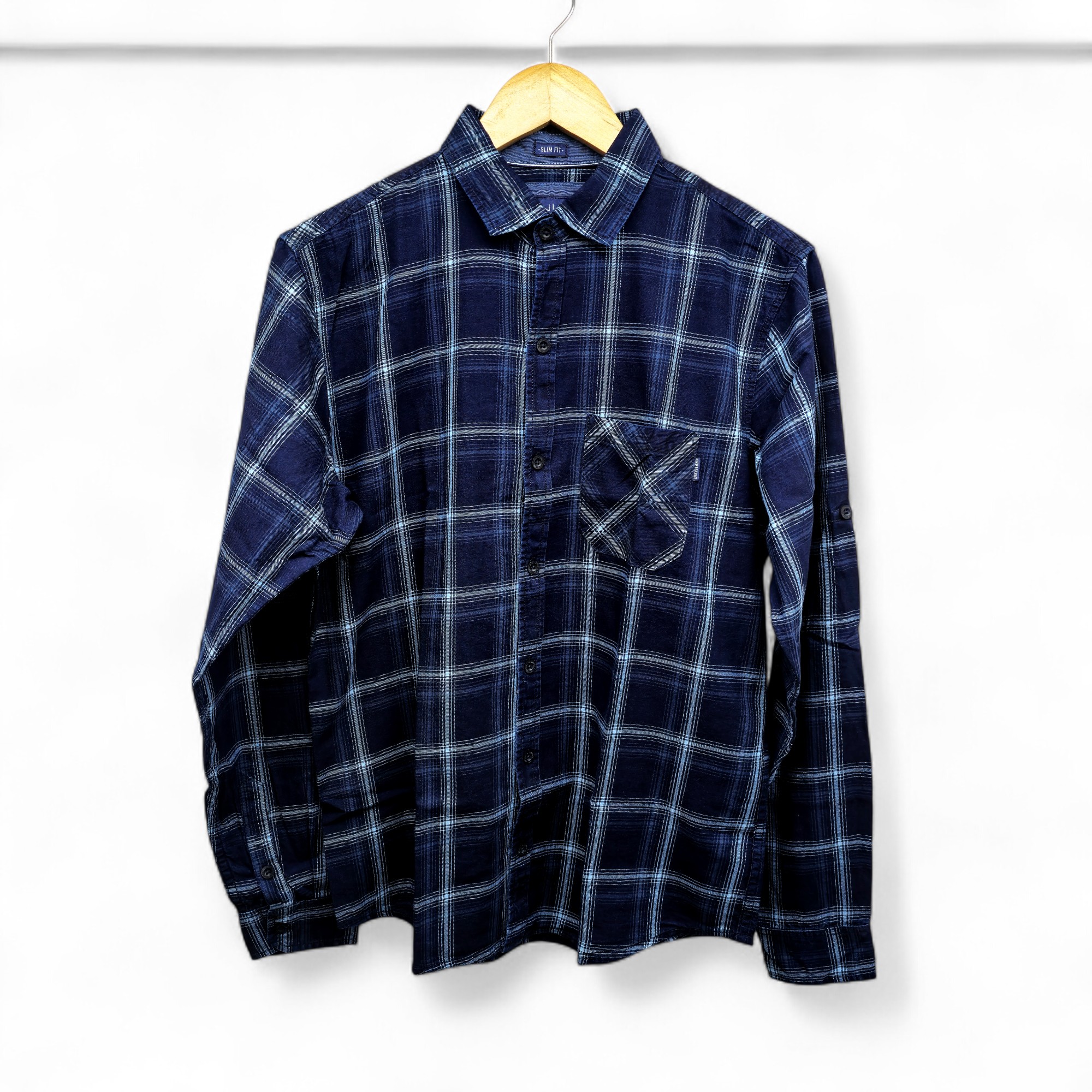 CAMISA MANGA LARGA TALLA XL - RF - COD11 - TEJAS 112 (CUADROS) - CUELLO FRANCES BASIC  STYLE - CELESTE /AZUL JEANS (CUADROS)