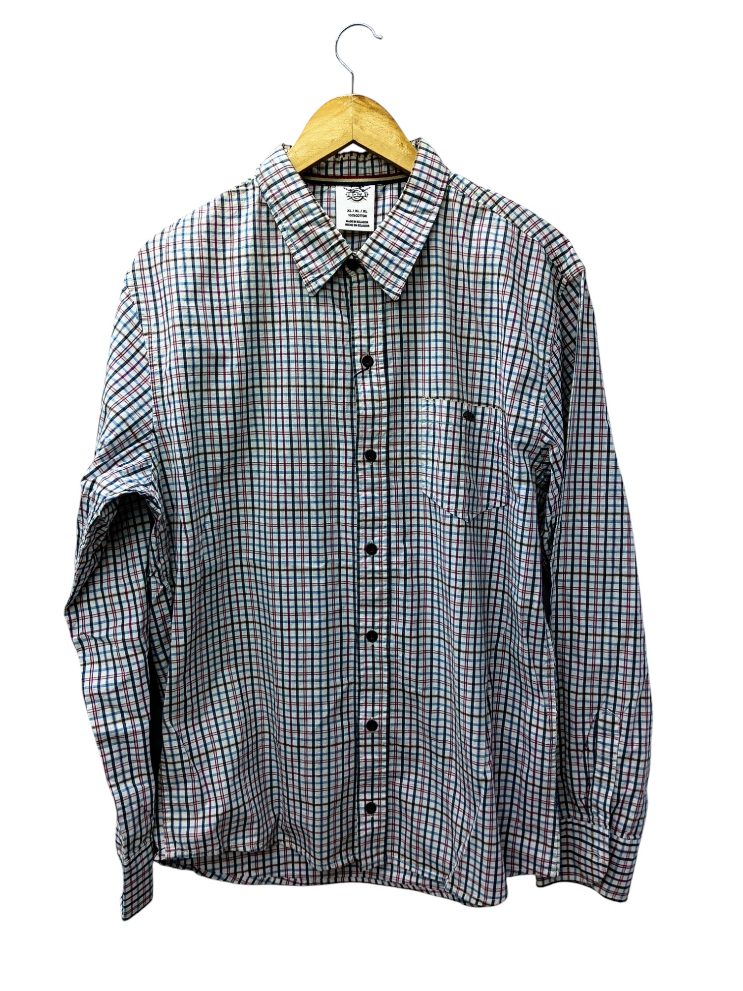 CAMISA MANGA LARGA TALLA XL - SAN DIEGO - CUELLO FRANCES - BLANCO/CUADRITOS CELESTE MORADO/NEGRO