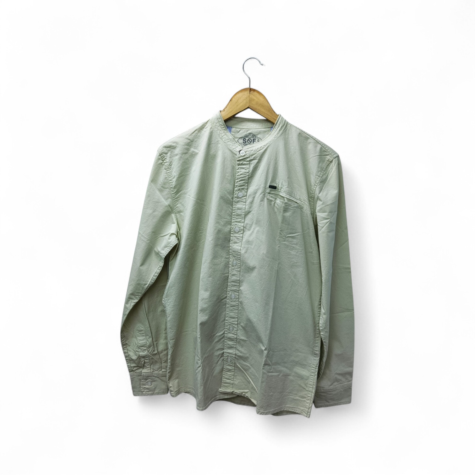 CAMISA MANGA LARGA TALLA XL - SF36 - CUELLO CHINO/MAO - BEIGE/BOLSILLO PERDIDO/LETRAS 3D