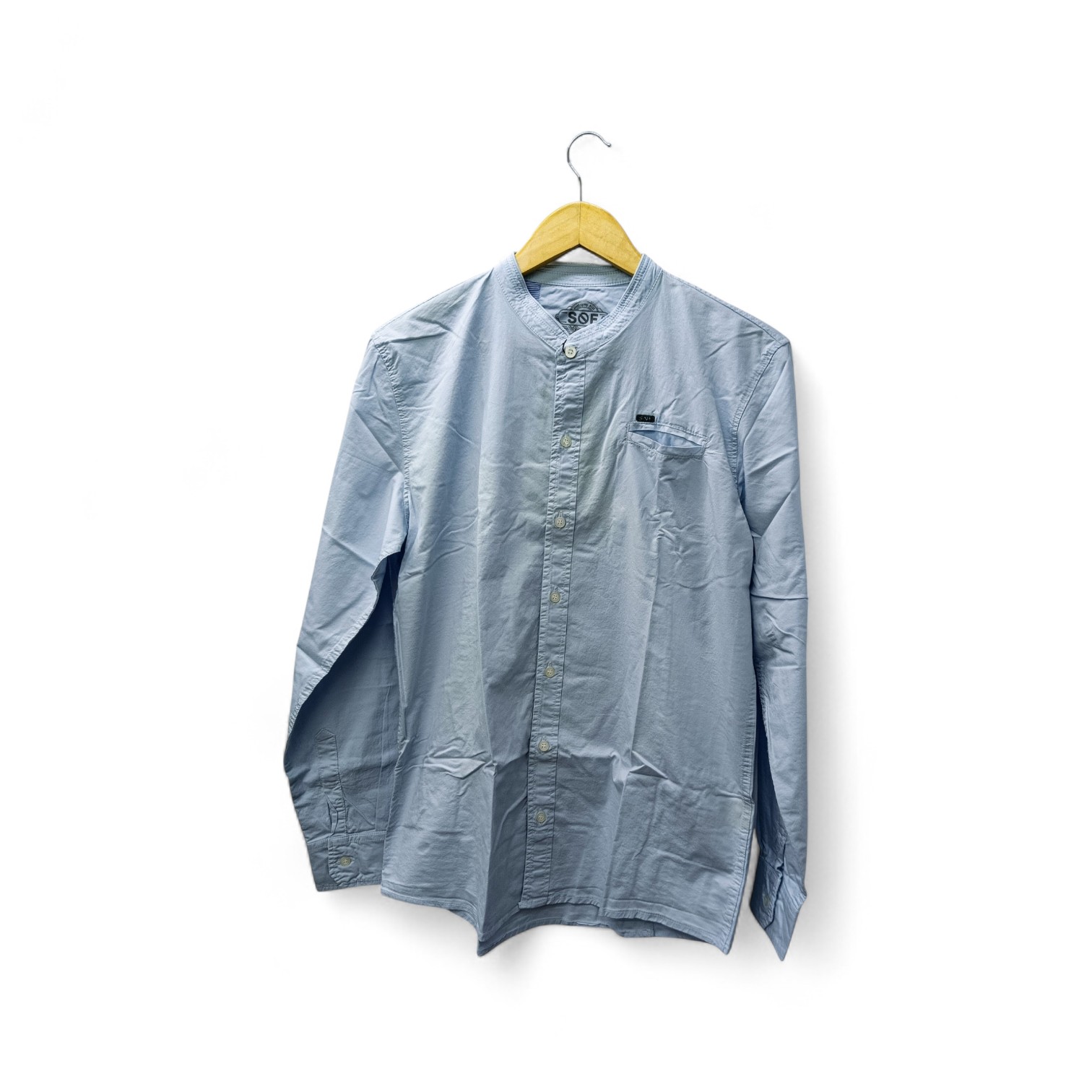 CAMISA MANGA LARGA TALLA XL - SF36 - CUELLO CHINO/MAO - CELESTE PASTEL/BOLSILLO PERDIDO/LETRAS 3D