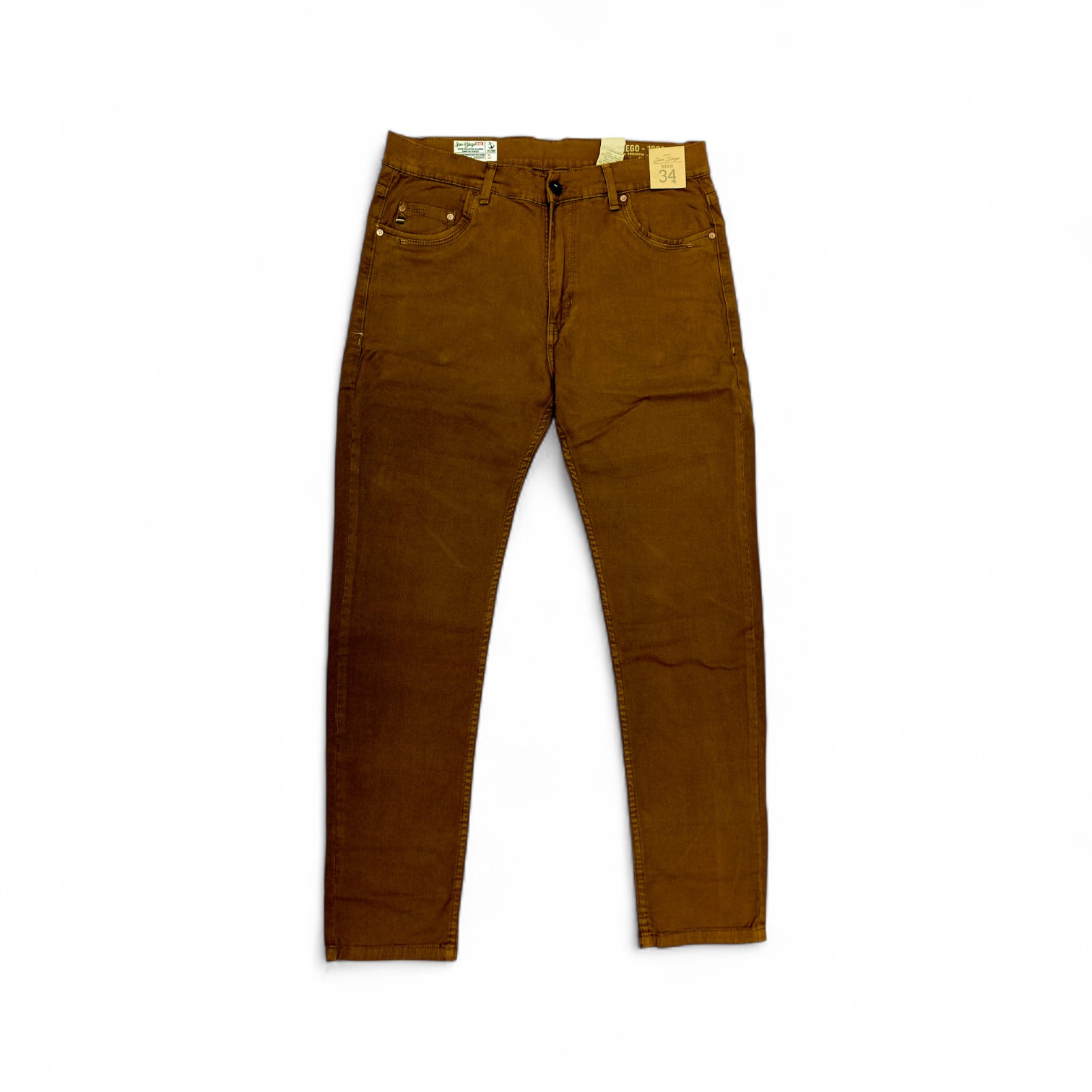 PANTALON JEANS COLOR TALLA 34 - COD27 - SLIM FIT/SEMI TUBO - CAFÉ OSCURO	 3 RAYAS BOLSILLO / DIJE METALICO CUADRADO