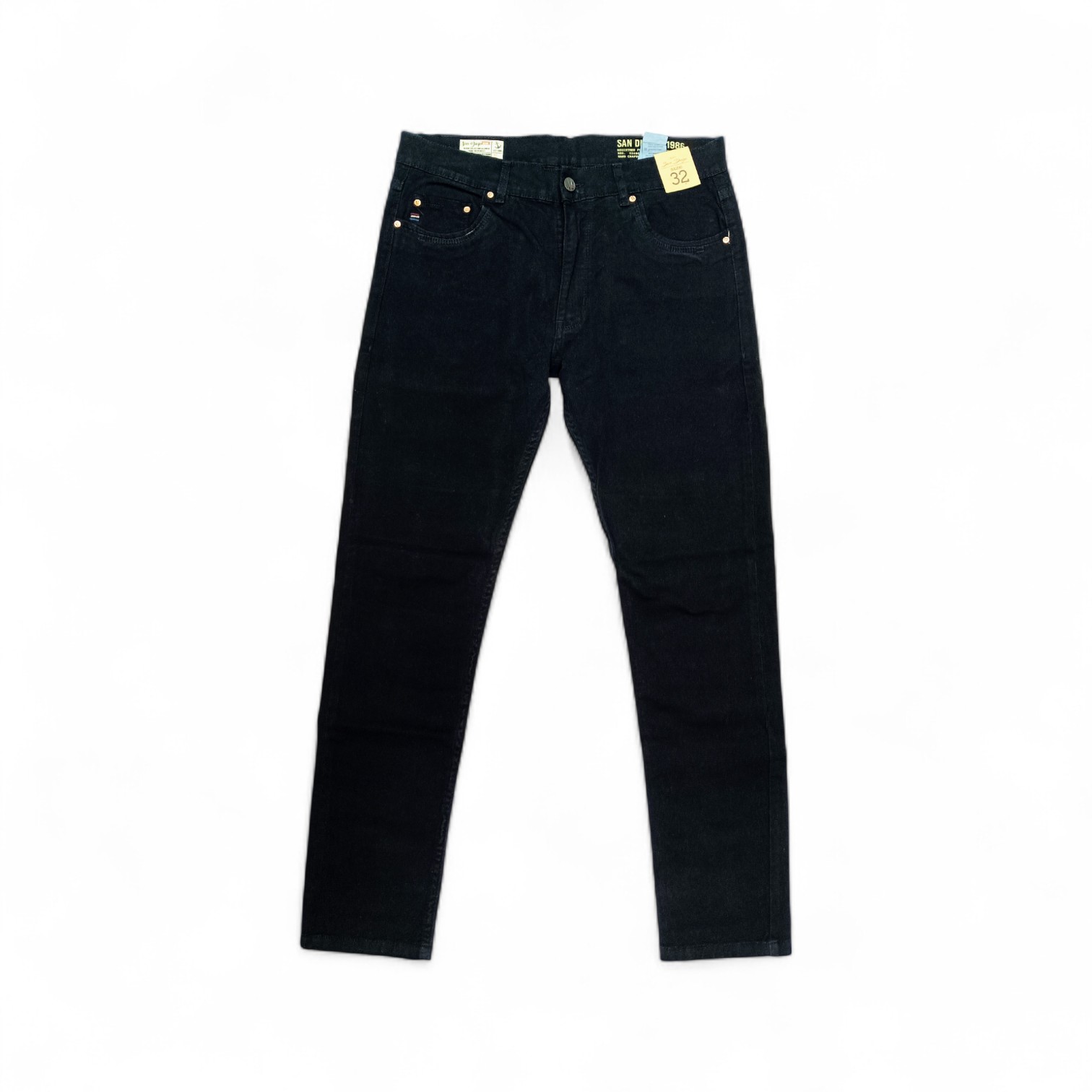 PANTALON JEANS COLOR TALLA 38 - COD27 - SLIM FIT/SEMI TUBO - NEGRO /3 RAYAS BOLSILLO / DIJE METALICO CUADRADO
