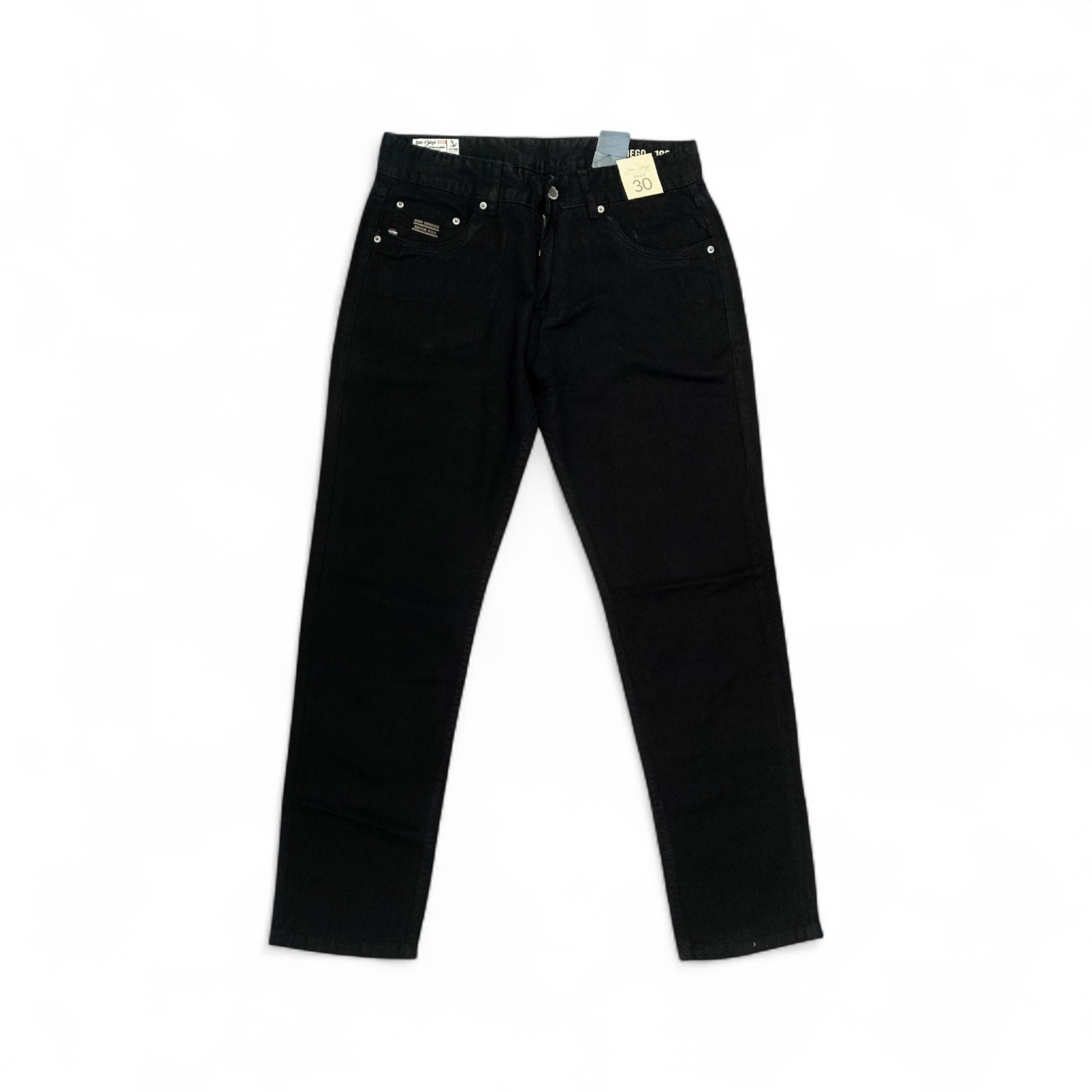 PANTALON JEANS TALLA 36 - COD27 - SLIM FIT - RIGIDO - NEGRO/BOTON A2 / 3 RAYAS BOLSILLO (ADL) / DIJE METALICO CUADRADO / SERIGRAFIA EN TEXTO 1986 ATRÁS