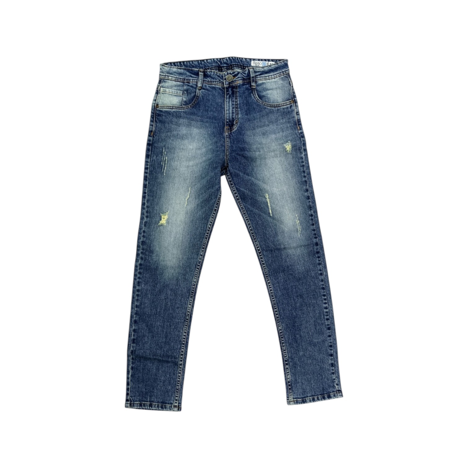 PANTALON JEANS TALLA 36 - COD35 - SLIM FIT /CAÑAMO - AZUL CLARO PRELAVADO (RASGADO)