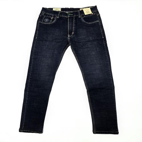 PANTALON JEAN TALLA 32 - SD27 - SEMITUBO - STRECH - AZUL OSCURO - TELA PRELAVADA / DIJE METALICO CUADRADO ATRAS/ BOTON VERDE (ADELANTE)/ DIJE METALICO RECTANGULAR SD 1986 ANCLA ADELANTE