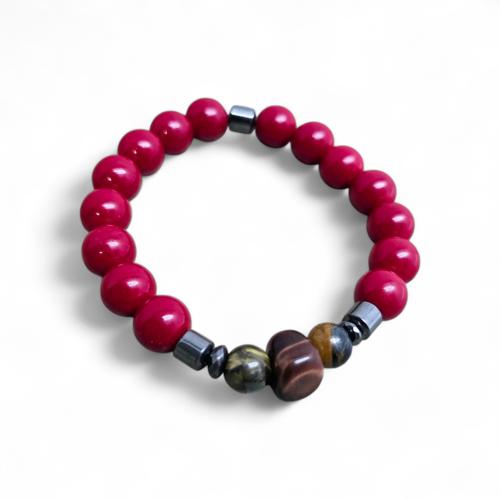 PULSERA TALLA STD - UB - COD126 - ST. FASHION - PIEDRA VOLCANICA LISA - ROJO BRILLOSO / CAFÉ