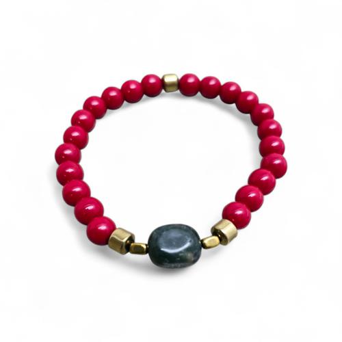 PULSERA TALLA STD - UB - COD126 - ST. FASHION - PIEDRA VOLCANICA LISA - ROJO BRILLOSO / VERDE